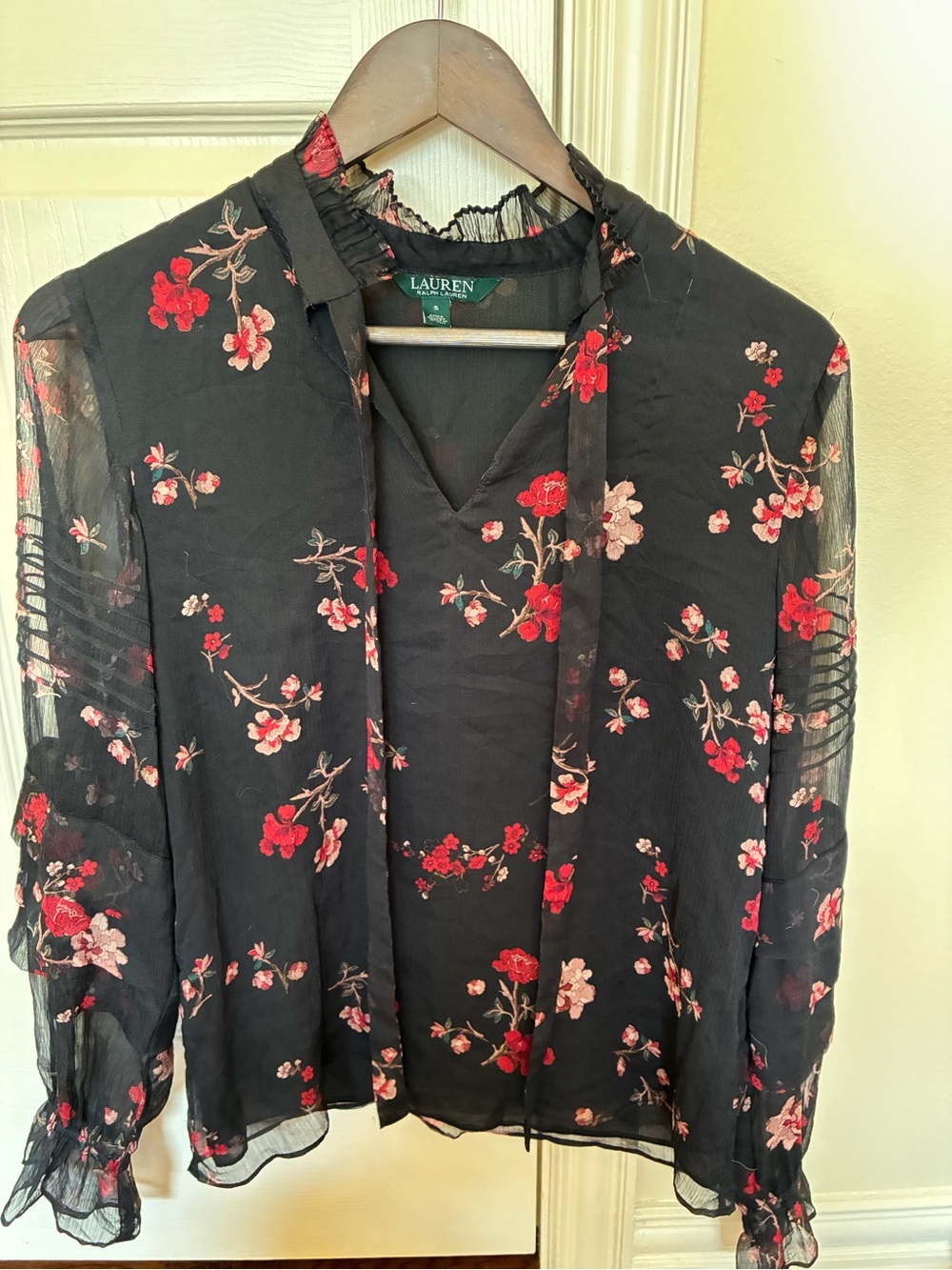 Ralph Lauren Black Sheer Blouse with Red Floral Print